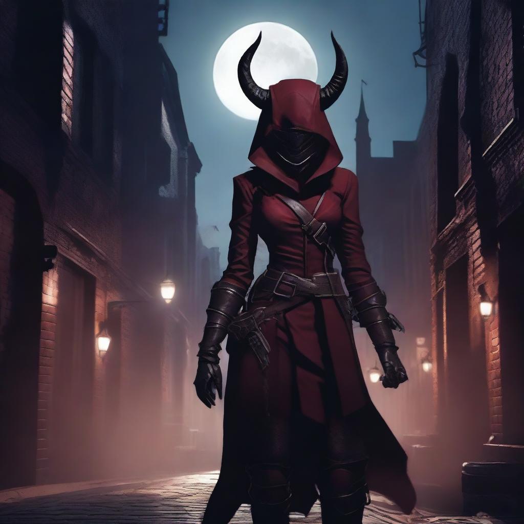 A female tiefling rogue standing in a shadowy alleyway