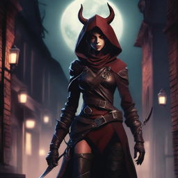 A female tiefling rogue standing in a shadowy alleyway