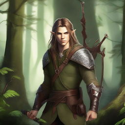 An elven ranger archer standing in a dense, mystical forest