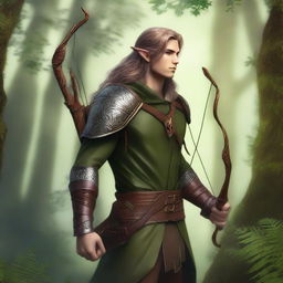 An elven ranger archer standing in a dense, mystical forest