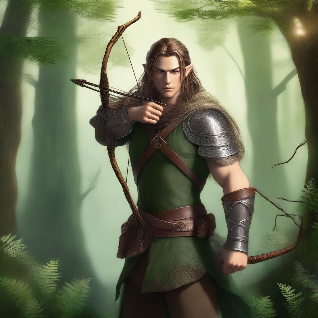 An elven ranger archer standing in a dense, mystical forest