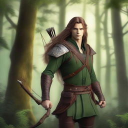 An elven ranger archer standing in a dense, mystical forest