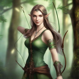 A female elven ranger archer standing in an enchanted forest