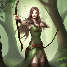 A female elven ranger archer standing in an enchanted forest