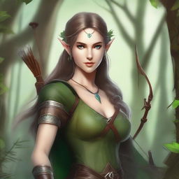 A female elven ranger archer standing in an enchanted forest