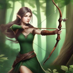 A female elven ranger archer standing in an enchanted forest