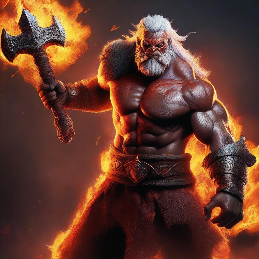 A fierce male barbarian genasi with fire elements, wielding a massive axe