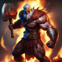 A fierce male barbarian genasi with fire elements, wielding a massive axe