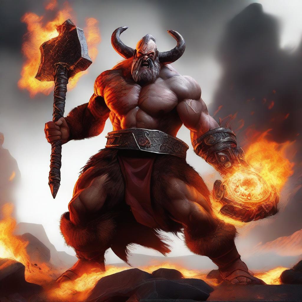 A fierce male barbarian genasi with fire elements, wielding a massive axe