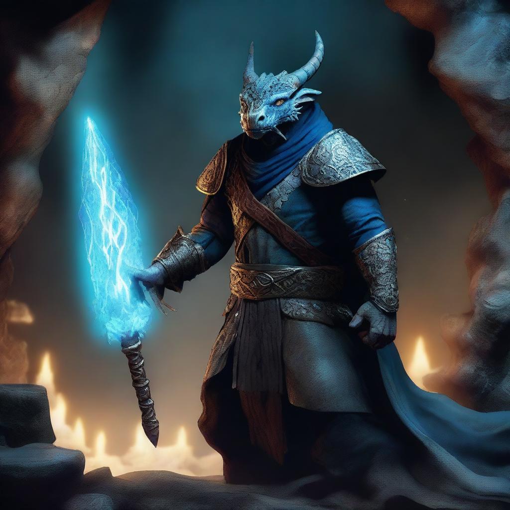 A dragonborn sorcerer standing in a mystical cave