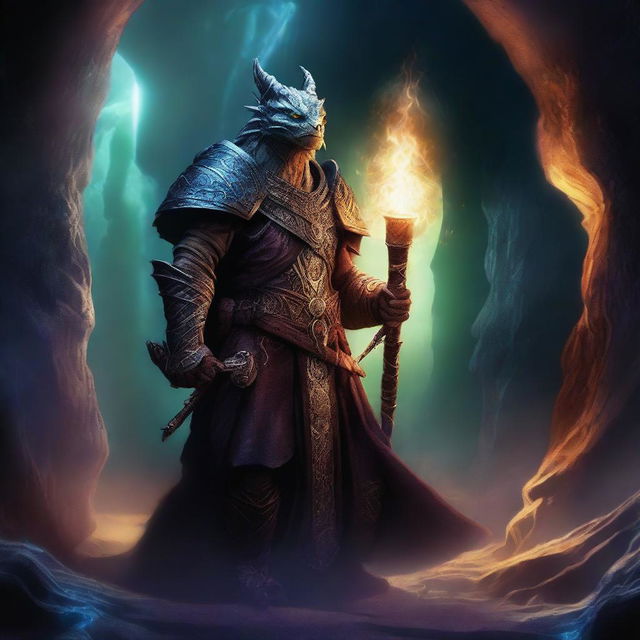 A dragonborn sorcerer standing in a mystical cave