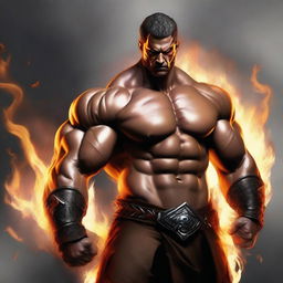 A muscular man with the features of a fire genasi, with flames dancing around his body