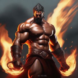 A muscular man with the features of a fire genasi, with flames dancing around his body