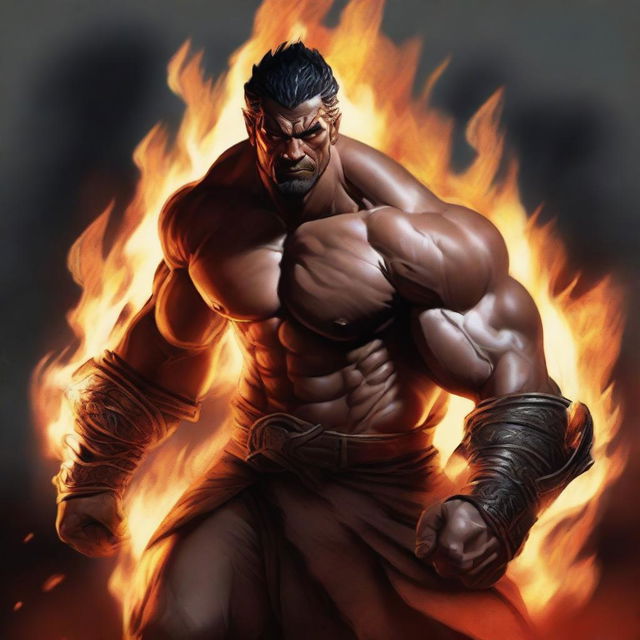 A muscular man with the features of a fire genasi, with flames dancing around his body