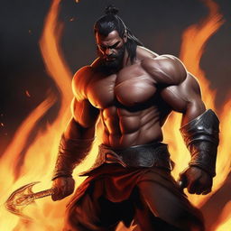 A muscular man with the features of a fire genasi, with flames dancing around his body