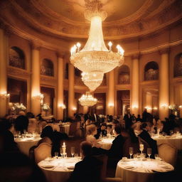 A photo depicting a large, upscale restaurant filled with people dressed in elegant and beautiful clothing