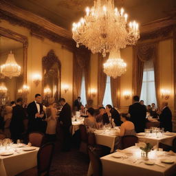 A photo depicting a large, upscale restaurant filled with people dressed in elegant and beautiful clothing