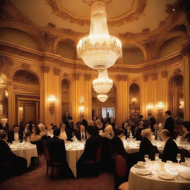 A photo depicting a large, upscale restaurant filled with people dressed in elegant and beautiful clothing