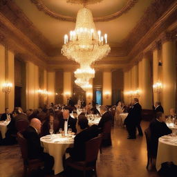 A photo depicting a large, upscale restaurant filled with people dressed in elegant and beautiful clothing