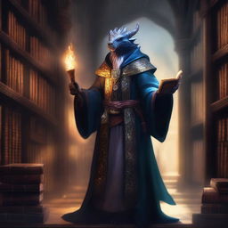 A dragonborn wizard standing in an ancient library filled with magical tomes and scrolls