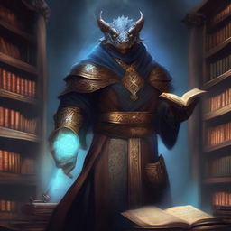 A dragonborn wizard standing in an ancient library filled with magical tomes and scrolls