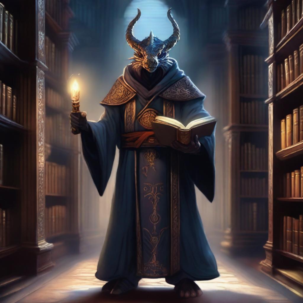 A dragonborn wizard standing in an ancient library filled with magical tomes and scrolls