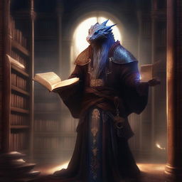 A dragonborn wizard standing in an ancient library filled with magical tomes and scrolls