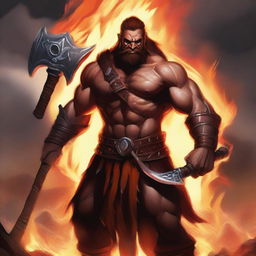 A powerful fire genasi barbarian, with flames emanating from his body, wielding a large battle axe