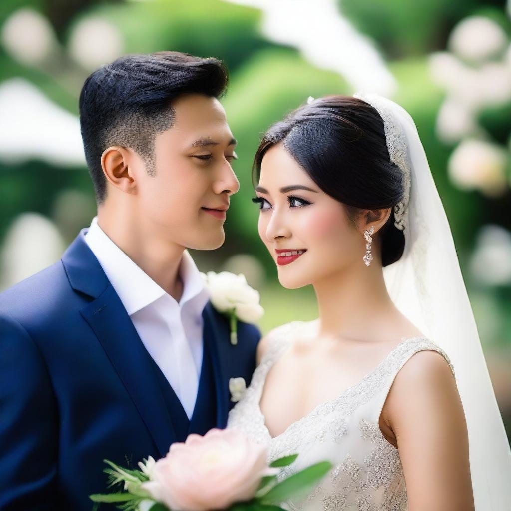 A photo capturing a beautiful Asian bride and groom looking at each other with loving eyes