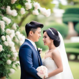 A photo capturing a beautiful Asian bride and groom looking at each other with loving eyes