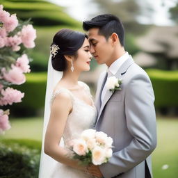 A photo capturing a beautiful Asian bride and groom looking at each other with loving eyes