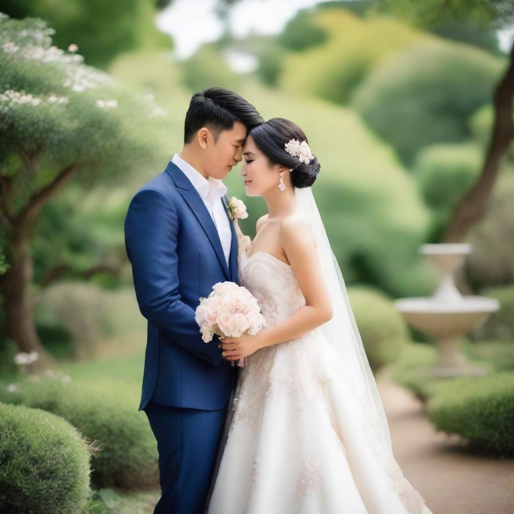 A photo capturing a beautiful Asian bride and groom looking at each other with loving eyes