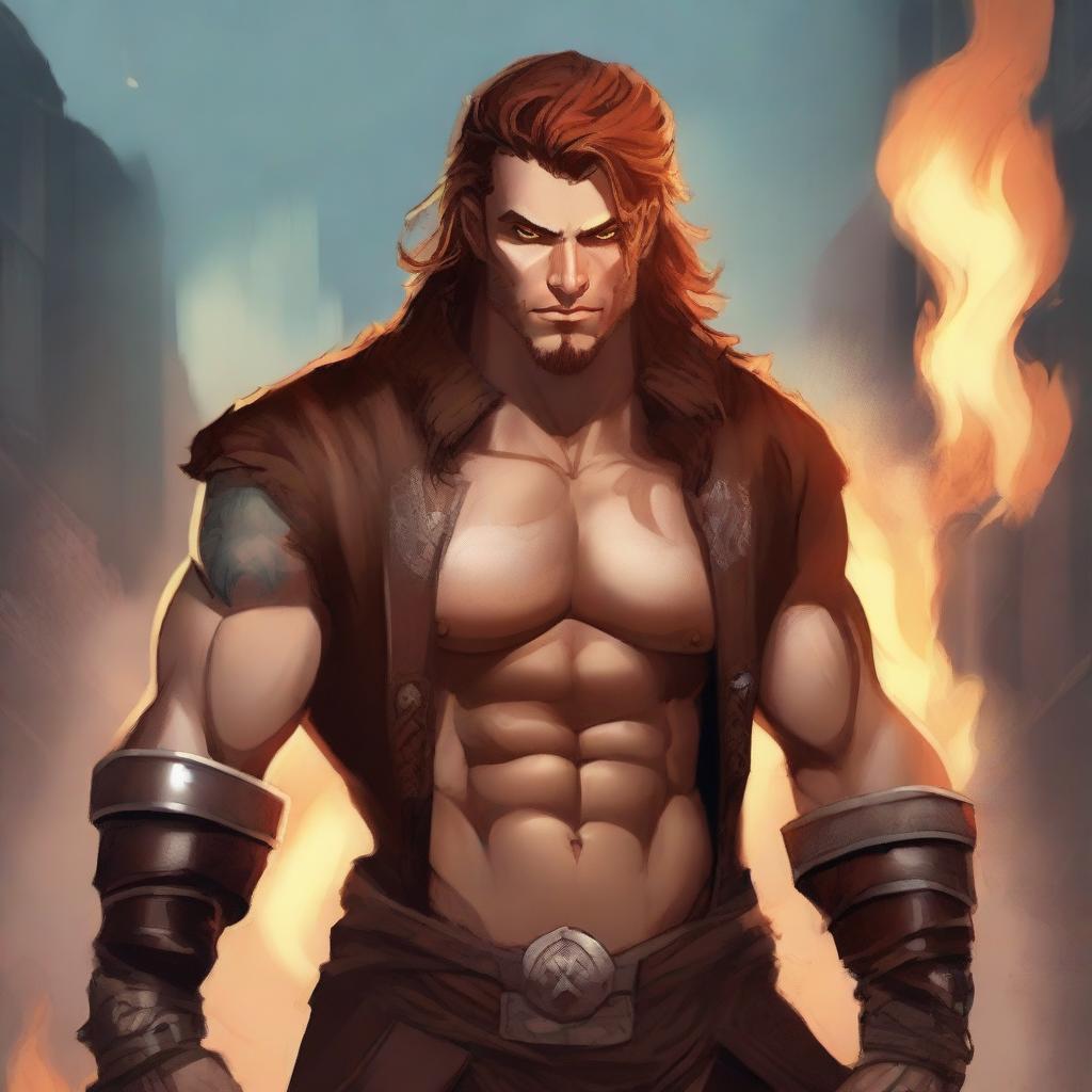 A young, fashionable guy with the features of a fire genasi, combining modern style with the rugged look of a barbarian