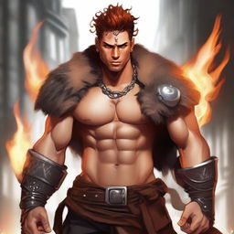 A young, fashionable guy with the features of a fire genasi, combining modern style with the rugged look of a barbarian