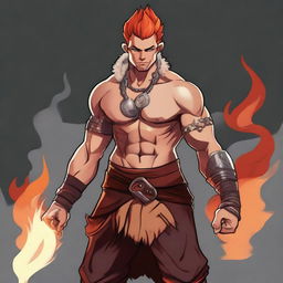 A young, fashionable guy with the features of a fire genasi, combining modern style with the rugged look of a barbarian