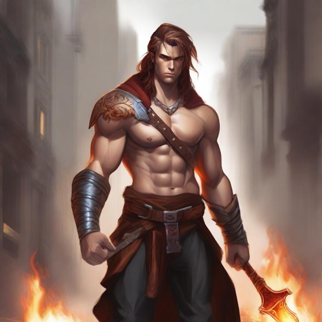 A young, fashionable guy with the features of a fire genasi, combining modern style with the rugged look of a barbarian