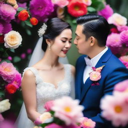 A photo capturing a beautiful Asian bride and groom, with the groom gently kissing the bride on her forehead