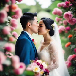 A photo capturing a beautiful Asian bride and groom, with the groom gently kissing the bride on her forehead