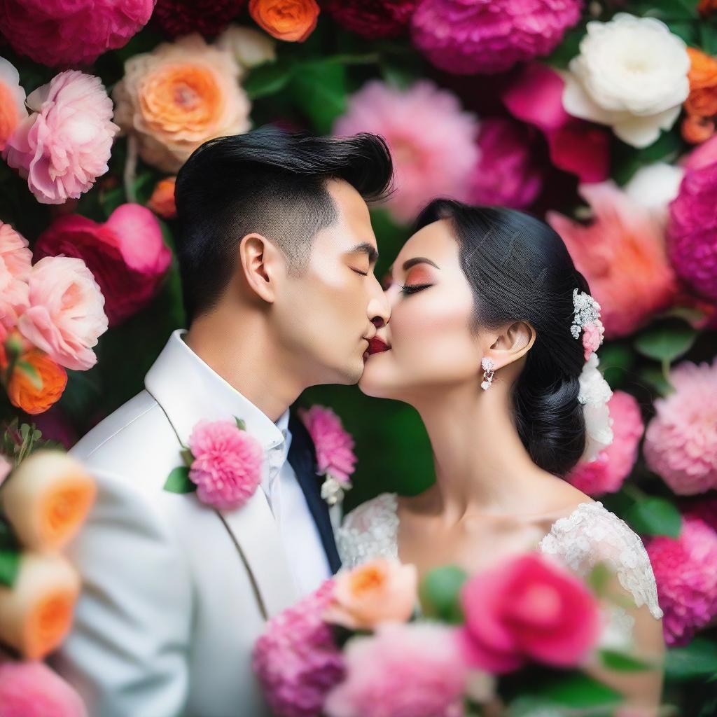 A photo capturing a beautiful Asian bride and groom, with the groom gently kissing the bride on her forehead