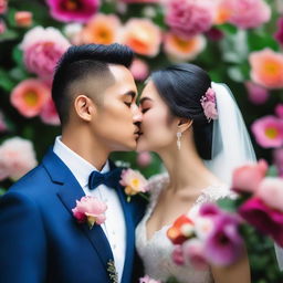 A photo capturing a beautiful Asian bride and groom, with the groom gently kissing the bride on her forehead