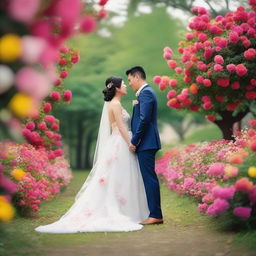 A photo capturing a beautiful Asian bride and groom in a park filled with flowers