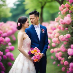 A photo capturing a beautiful Asian bride and groom in a park filled with flowers