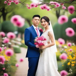 A photo capturing a beautiful Asian bride and groom in a park filled with flowers