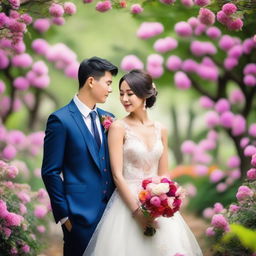 A photo capturing a beautiful Asian bride and groom in a park filled with flowers