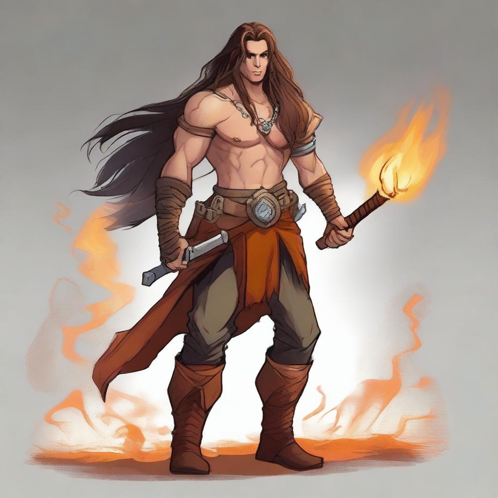 A young, fashionable, and friendly guy with the features of a fire genasi, sporting long hair that flows with subtle flames