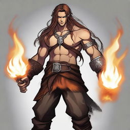 A young, fashionable, and friendly guy with the features of a fire genasi, sporting long hair that flows with subtle flames