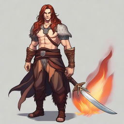 A young, fashionable, and friendly guy with the features of a fire genasi, sporting long hair that flows with subtle flames