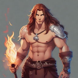 A young, fashionable, and friendly guy with the features of a fire genasi, sporting long hair that flows with subtle flames