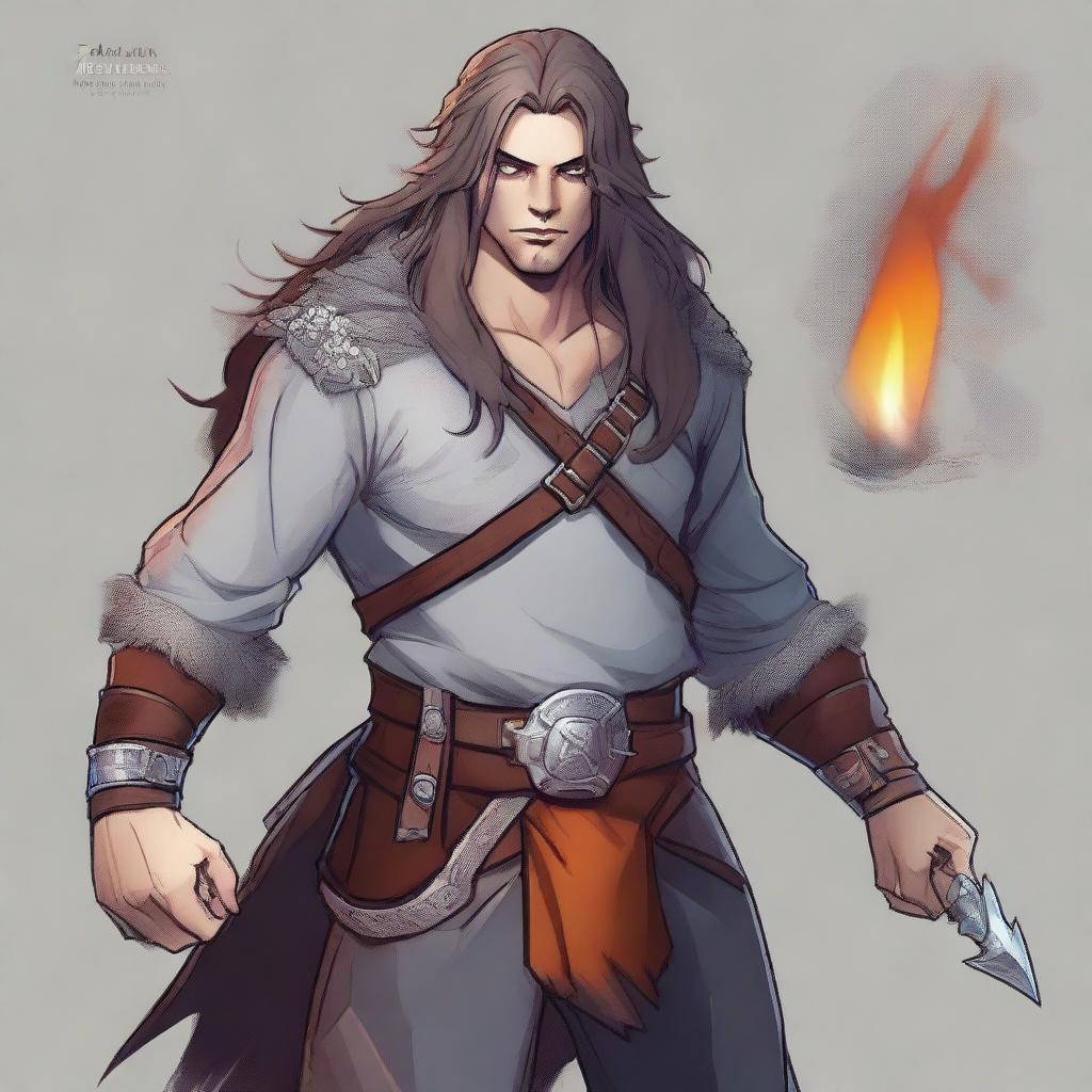 A young, fashionable, and friendly guy with the features of a fire genasi, sporting long hair that flows with subtle flames and gray skin