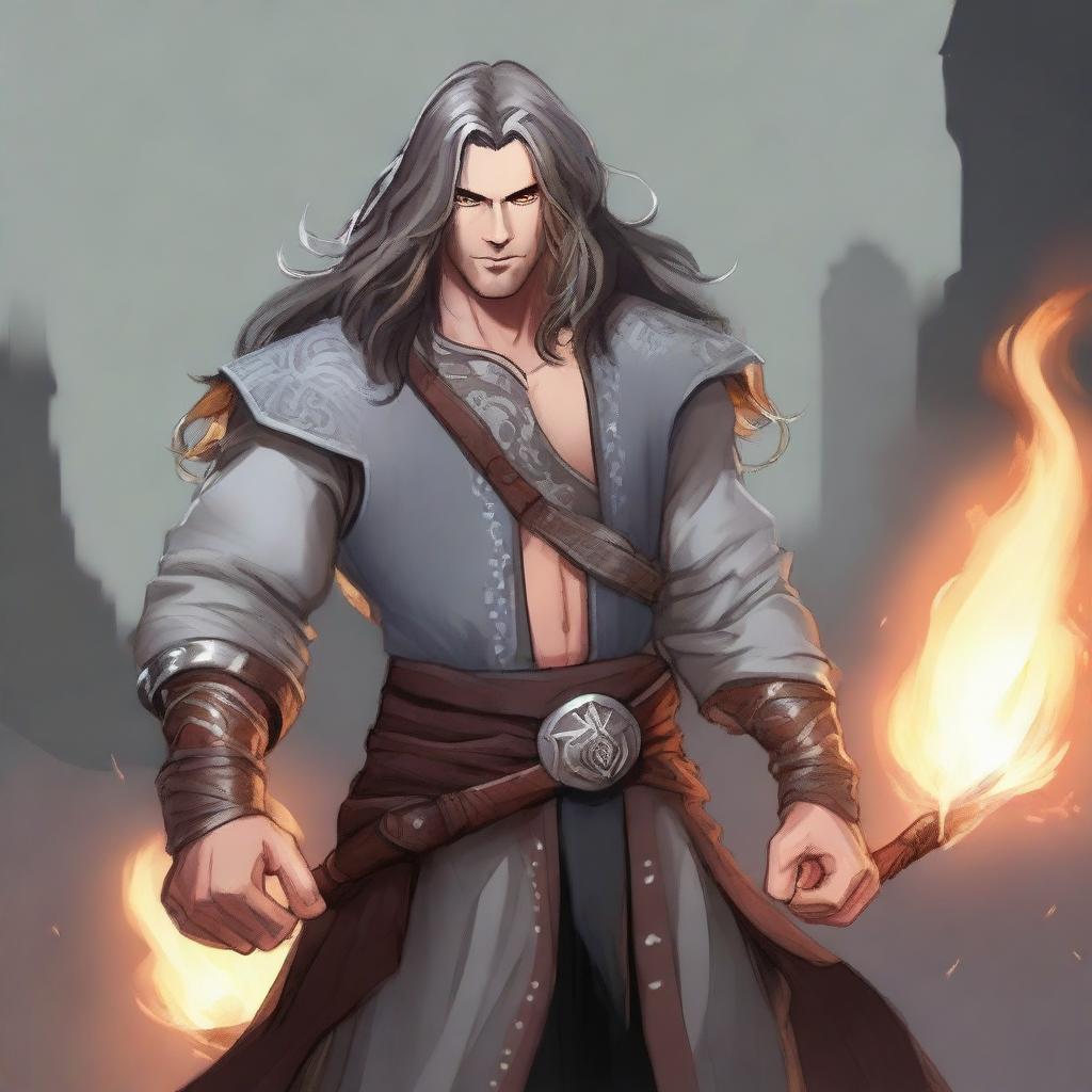 A young, fashionable, and friendly guy with the features of a fire genasi, sporting long hair that flows with subtle flames and gray skin